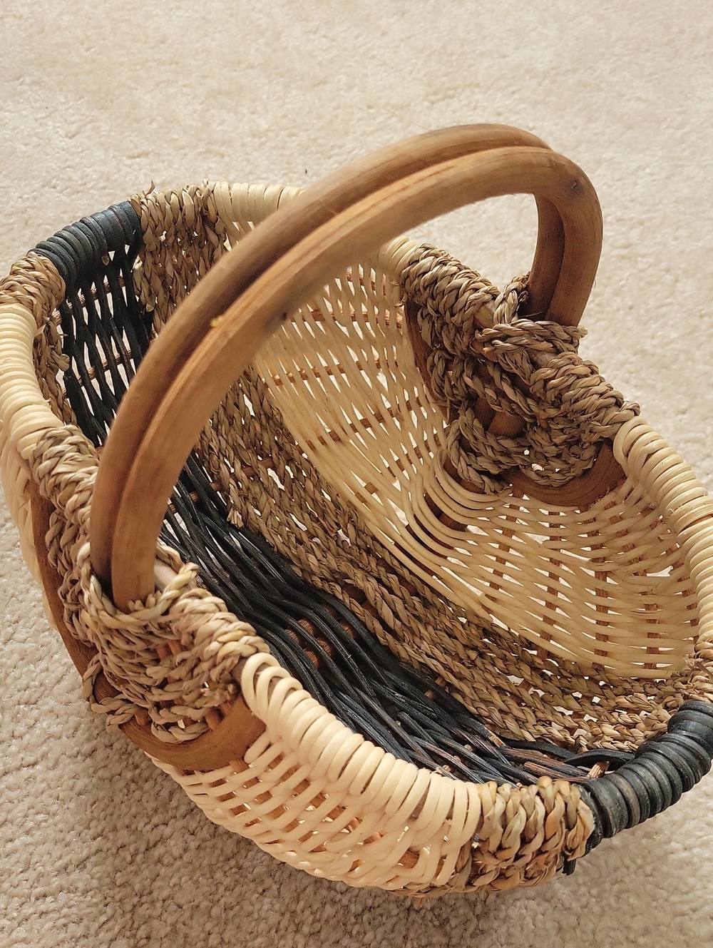 Handwoven Natural and Black Wicker Basket with Wooden Handles